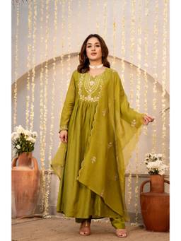 TWINS LADY - Green Women Floral Anarkali Kurta with Pant and Dupatta