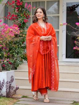 TWINS LADY - Orange Women Floral Anarkali Kurta with Pant and Dupatta