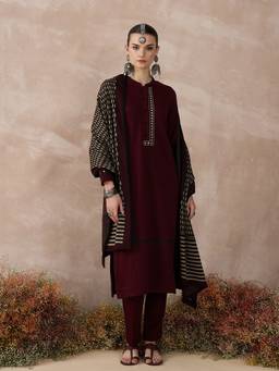 STADO - Women Maroon Embroidered Kurta with Pant and Dupatta
