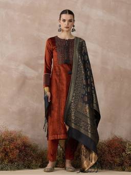STADO - Women Rust Embroidered Kurta with Pant and Dupatta