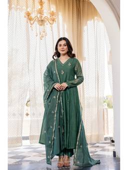 TWINS LADY - Green Floral Anarkali Kurta with Pant and Dupatta