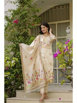 TWINS LADY - Women Cream Floral Kurta with Pant and Dupatta