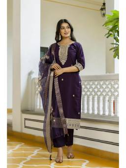 TWINS LADY - Wine Embroidered Kurta with Pant and Dupatta
