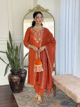 TWINS LADY - Orange Floral Kurta with Pant and Dupatta