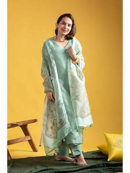 TWINS LADY - Green Embroidered Work Kurta with Pant and Dupatta