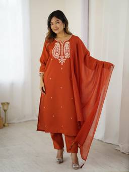 TWINS LADY - Women Rust Embroidered Kurta with Pant and Dupatta