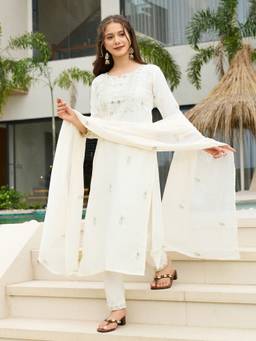 TWINS LADY - Women White Embroidered Kurta with Pant and Dupatta