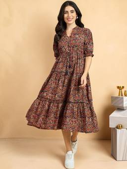 AZIRA - Women Maroon Paisley Print Cotton Midi Dress