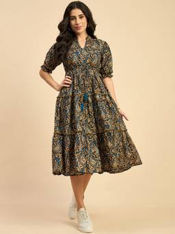 AZIRA - Women Navy Paisley Print Cotton Midi Dress