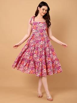AZIRA - Women Pink Floral Print Cotton Tiered Midi Dress