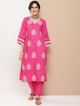 BHAMA COUTURE - Pink Ethnic Motifs Embroidered Regular Kurta with Pant