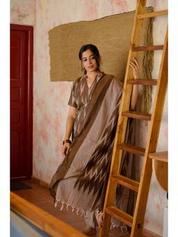 Vastara TheLabel - Handloom Cotton Soft Bloom Brown Kurta with Pant and Dupatta