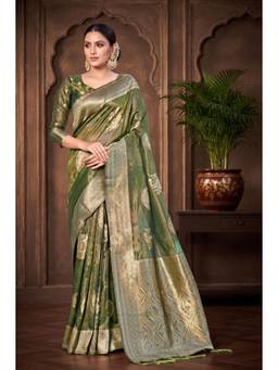 Monjolika Fashion - Olive Silk with Rich Zari Weaving Saree