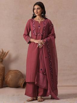 Kami Kubi - Brown Cotton Mirror Work Kurta with Palazzo and Dupatta