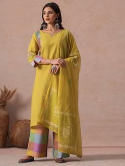 Kami Kubi - Mustard Cotton Embroidery and Handwork Kurta with Palazzo and Dupatta