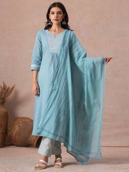 Kami Kubi - Blue Cotton Block Print and Handwork Kurta with Pant and Dupatta