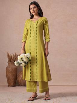 Kami Kubi - Mustard A-Line Cotton Hand Block Print, Mirror Work Kurta with Pant