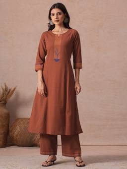 Kami Kubi - Rust A-Line Cotton Block Print and Handwork Kurta with Pant