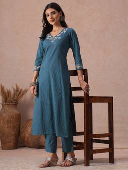 Kami Kubi - Blue Stripe A-Line Cotton Floral Embroidery Kurta with Pant