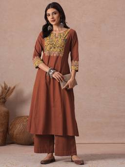 Kami Kubi - Rust A-Line Cotton with Kalamkari Kurta with Palazzo