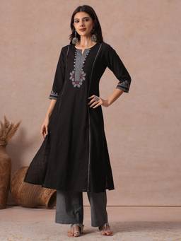 Kami Kubi - Black A-Line Cotton with Mirror Work Kurta with Palazzo