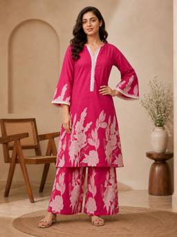 BHAMA COUTURE - Pink Printed Cotton Straight Kurta with Palazzo
