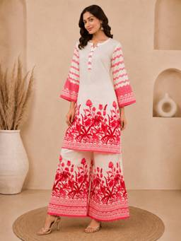 BHAMA COUTURE - Off White Printed Cotton Straight Kurta with Palazzo