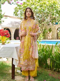 Zolo Label - Yellow Floral Embroidered Kurta with Pant and Dupatta