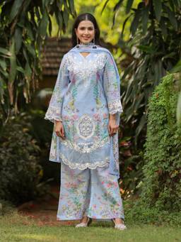 Zolo Label - Powder Blue Floral Printed Silk Kurta with Palazzo and Dupatta