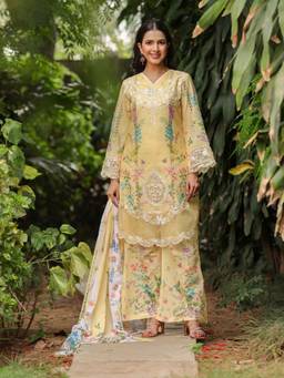 Zolo Label - Sunshine Yellow Embroidered Floral Kurta with Palazzo and Dupatta
