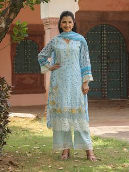 Zolo Label - Powder Blue Floral Printed Kurta with Pant and Dupatta