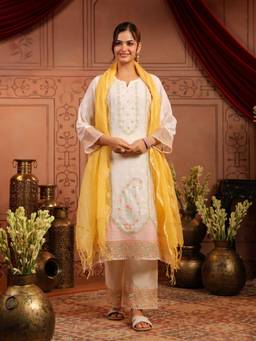 Zolo Label - Premium White Floral Embroidered Kurta with Pant and Dupatta