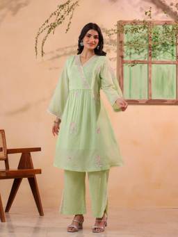 Zolo Label - Premium Pastel Green Embroidered Ethnic Kurta with Pant