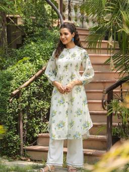 Zolo Label - Off White Luxury Floral Printed Ethnic Cotton Kurta with Pant
