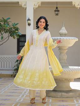 Zolo Label - Yellow Embroidered Anarkali Kurta with Pant and Dupatta