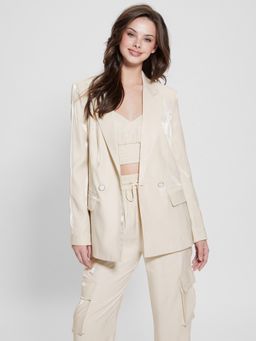 Guess - Beige Viscose Blend Solid Double Breasted Blazer