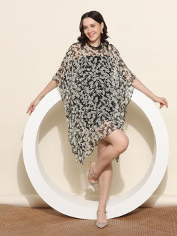 Aditi Wasan - Black Floral Printed Flared Sleeves Mini Kaftan Dress