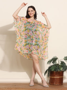 Aditi Wasan - Multi-Color Floral Printed Flared Sleeves Mini Kaftan Dress