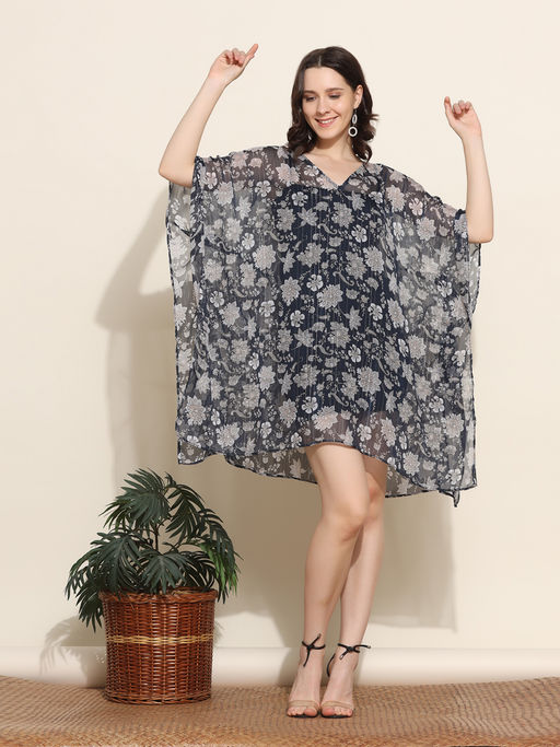 Buy Aditi Wasan Navy Blue Floral Printed Flared Sleeves Mini Kaftan Dress  Online