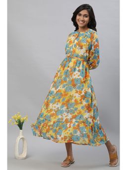 Aurelia - Yellow Bold Floral Print Flared Dress