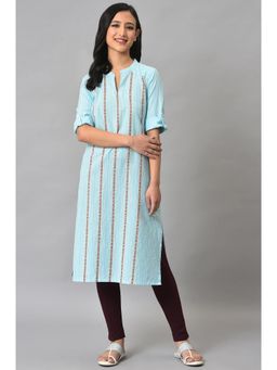 Aurelia - Blue Cotton Stripes Printed Straight Kurta