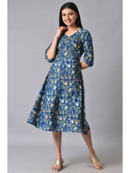 Aurelia - Navy Blue Floral Printed A-Line Dress