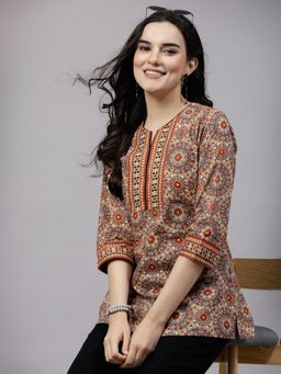 QOMN - Rust Printed Top with Sequin Yoke