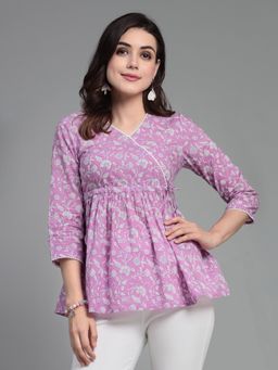 QOMN - Lavender Floral Printed Wrap Top with Lace Details