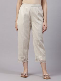 QOMN - Beige Straight Fit Trousers with Lace Inserts