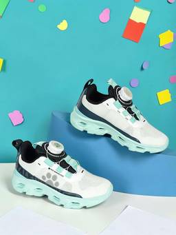 Truffle Collection - White Green Mesh Paw Print Dial Lock Closure Sneakers for Kids