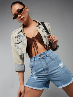 Miss Chase - Women's Light Blue Relaxed Fit Mid Rise Highly Distressed Denim Shorts