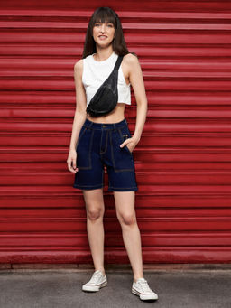 Miss Chase - Women's Navy Blue Regular High Rise Stretchable Denim Shorts