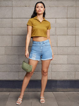 Miss Chase - Women's Blue Relaxed Fit Mid Rise Highly Distressed Denim Shorts
