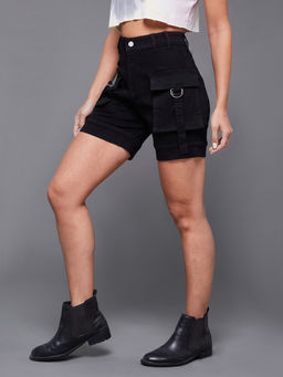 Miss Chase - Womens Black High Rise Regular Stretchable Denim Shorts